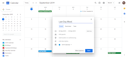 Google Calendar event creation dialog showing event title and more options button