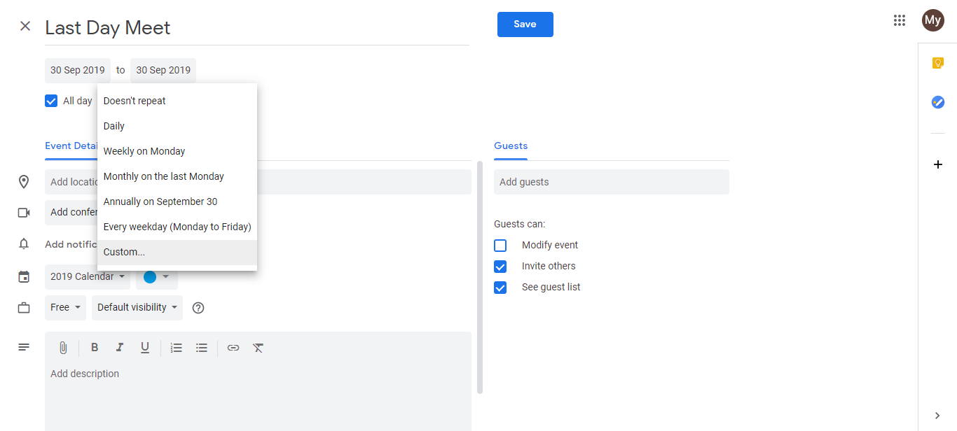 Does not repeat dropdown showing Custom option for advanced recurrence settings