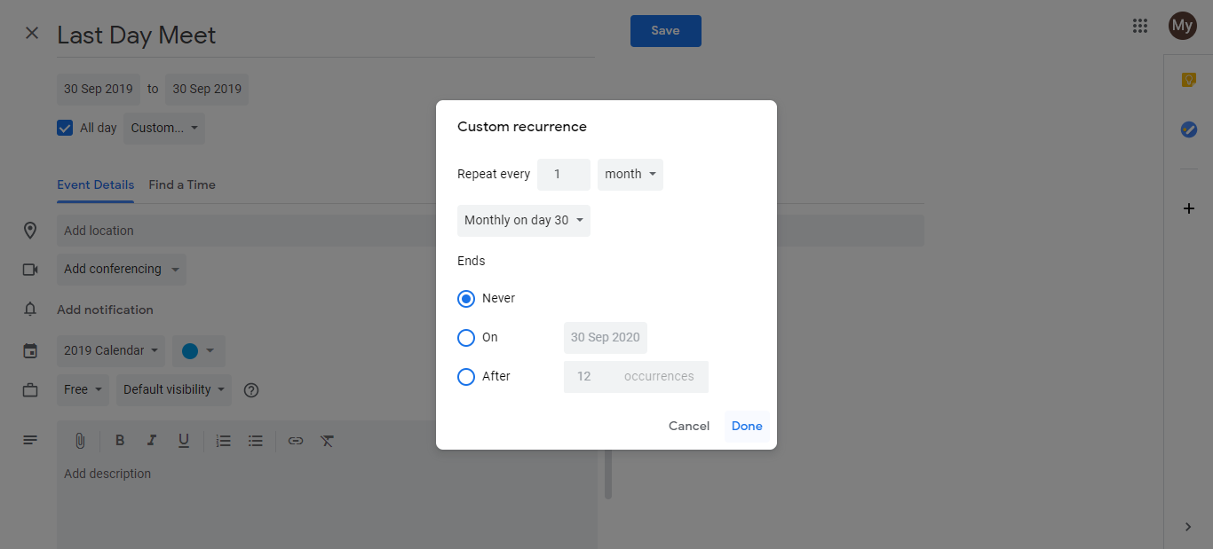 Custom recurrence dialog showing Monthly repeat type with Every last day option selected