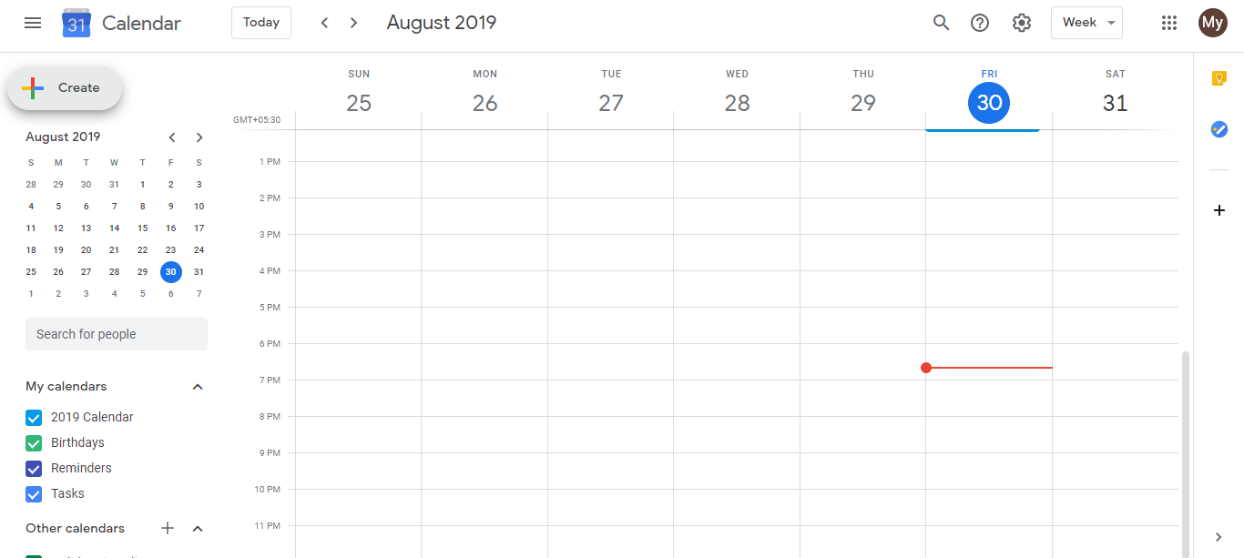 Google Calendar event creation window showing Create button in top left menu