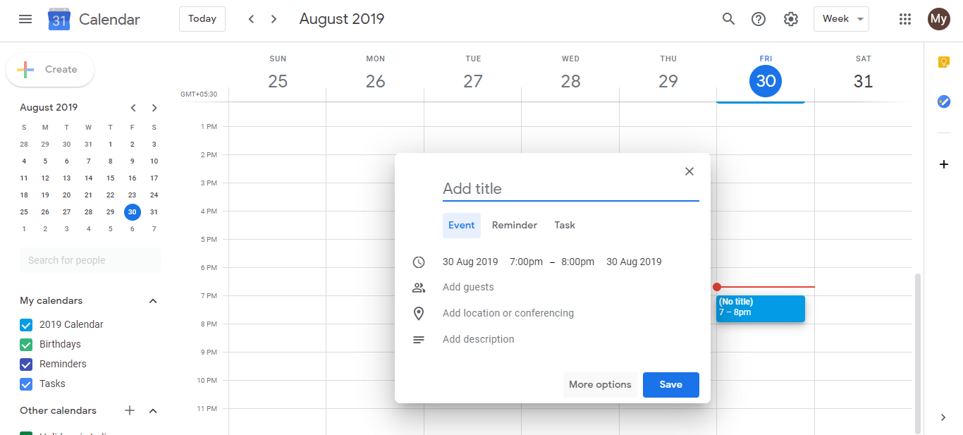 Full event creation form showing more options to access custom recurrence settings