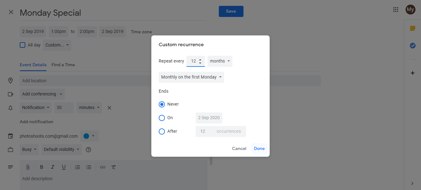 Monthly recurrence options showing selection of first Monday from dropdown menu