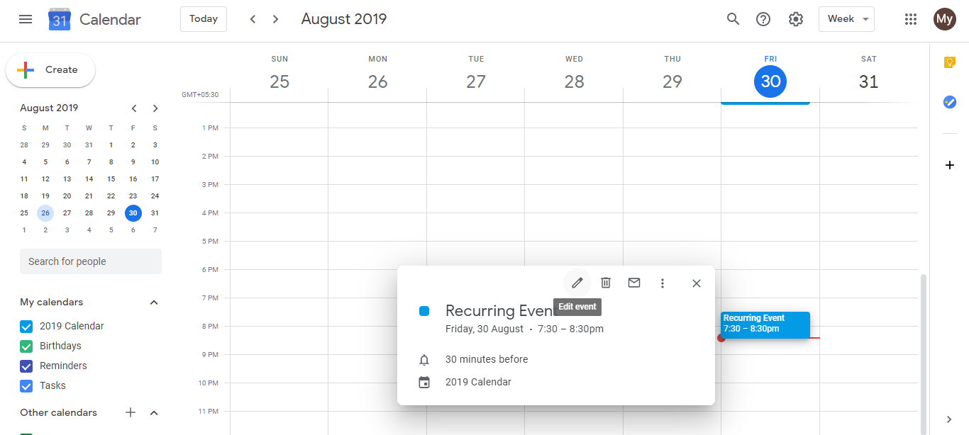 Event editing interface showing pencil icon to edit recurring event