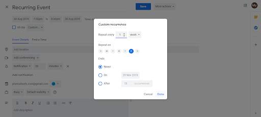 Custom recurrence dialog showing repeat every options with daily weekly monthly yearly choices