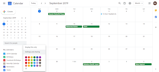 Calendar settings page showing three-dot menu next to My Calendars with Settings and sharing option