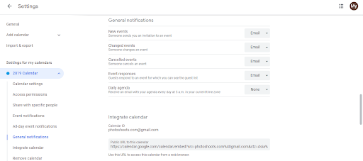 Notifications section showing general notification options with Email selected for event changes