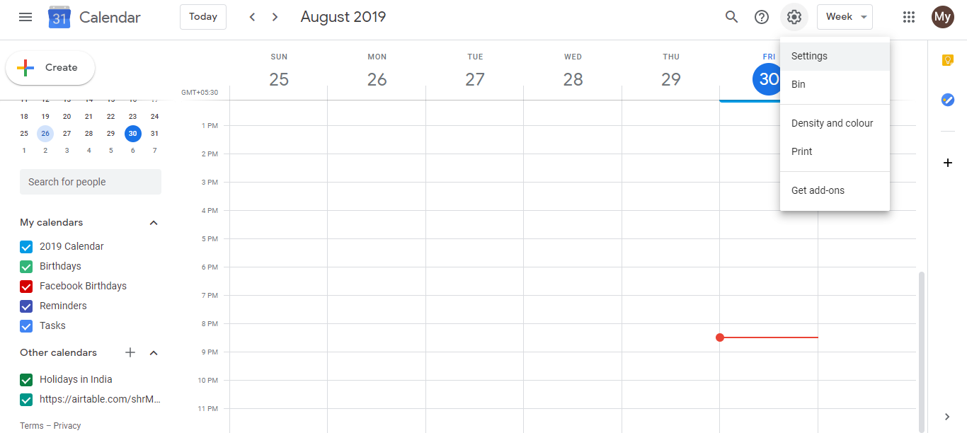 Google Calendar Settings page with gear icon and settings option highlighted