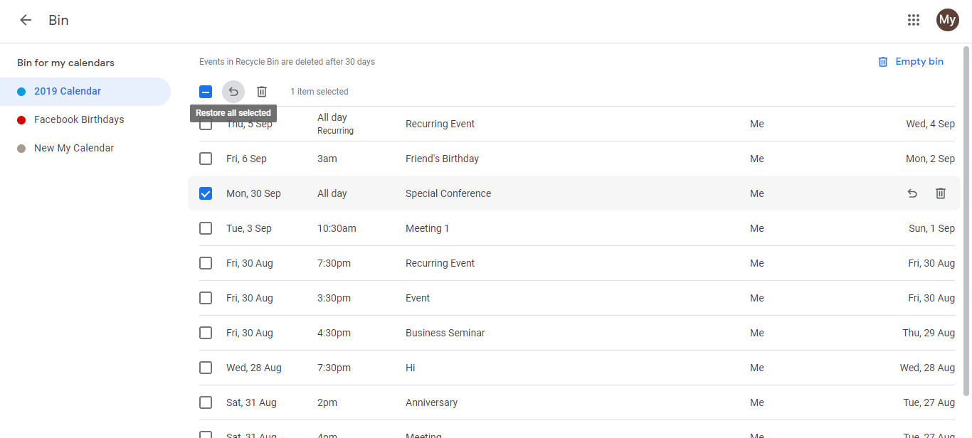 Trash view showing list of deleted events with checkboxes and restore arrow icon at top