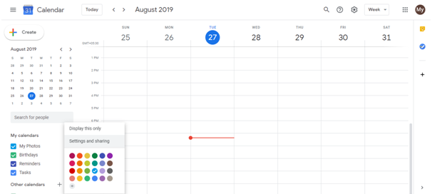 Google Calendar Settings page showing Import and export option in left sidebar menu