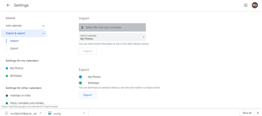 Import and export page showing export button and import file selection option