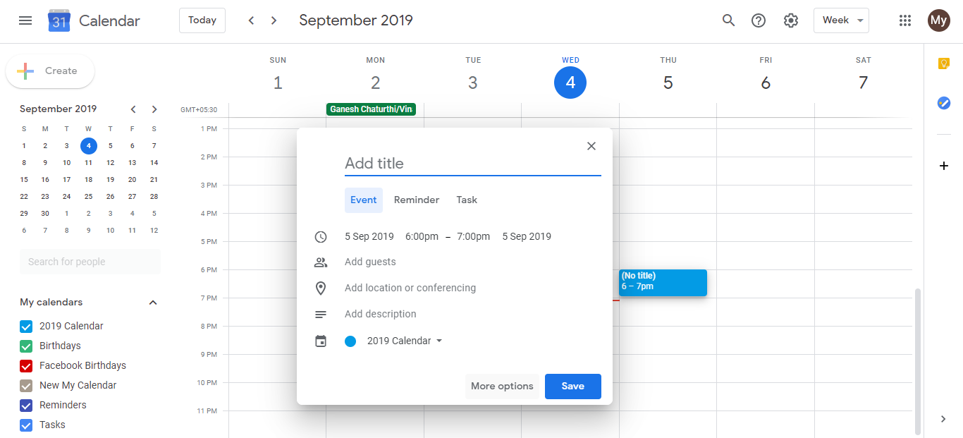 Google Calendar with Create plus icon button visible in top left corner