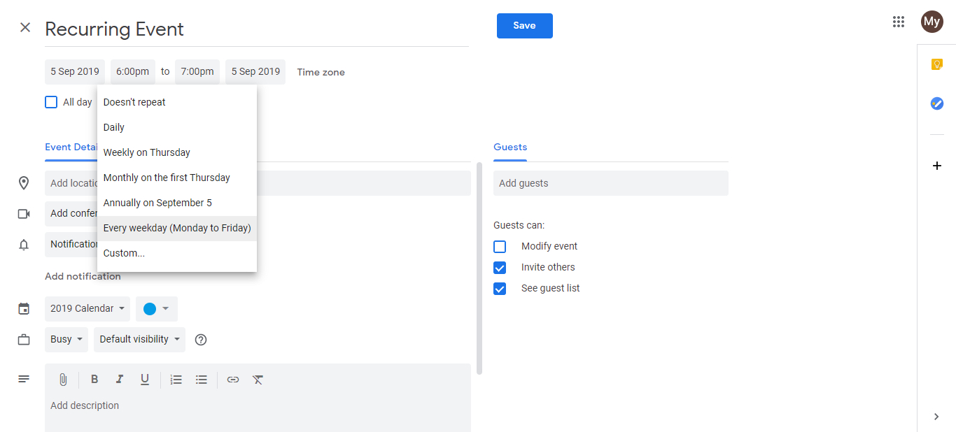 Does not repeat dropdown menu showing Every Weekday Monday to Friday option selected