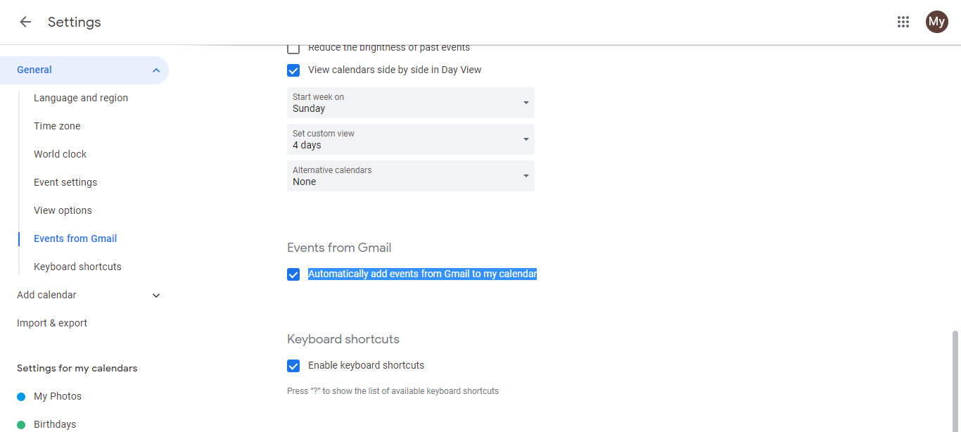 Google Calendar Settings page showing Events from Gmail section with checkbox to automatically add events from Gmail