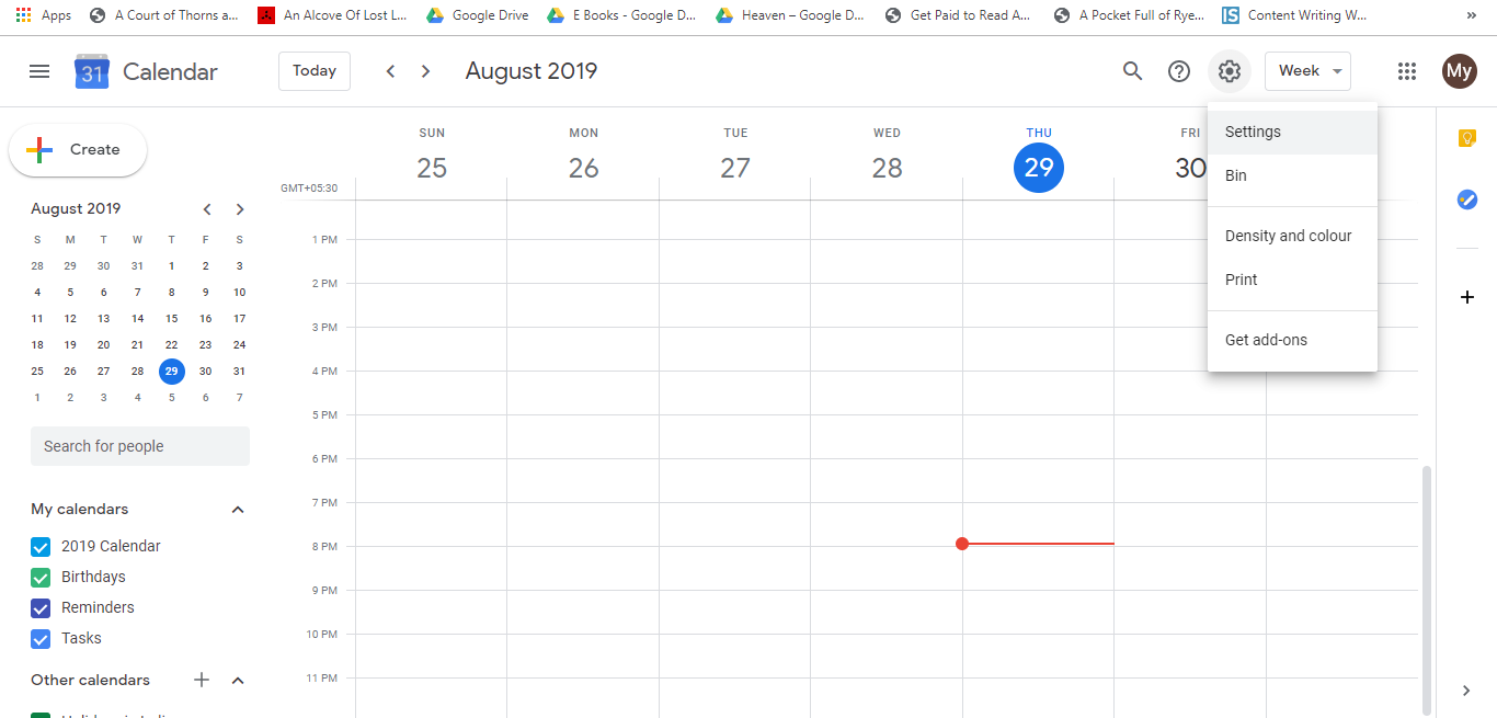 Google Calendar Settings gear icon in top right corner of calendar interface