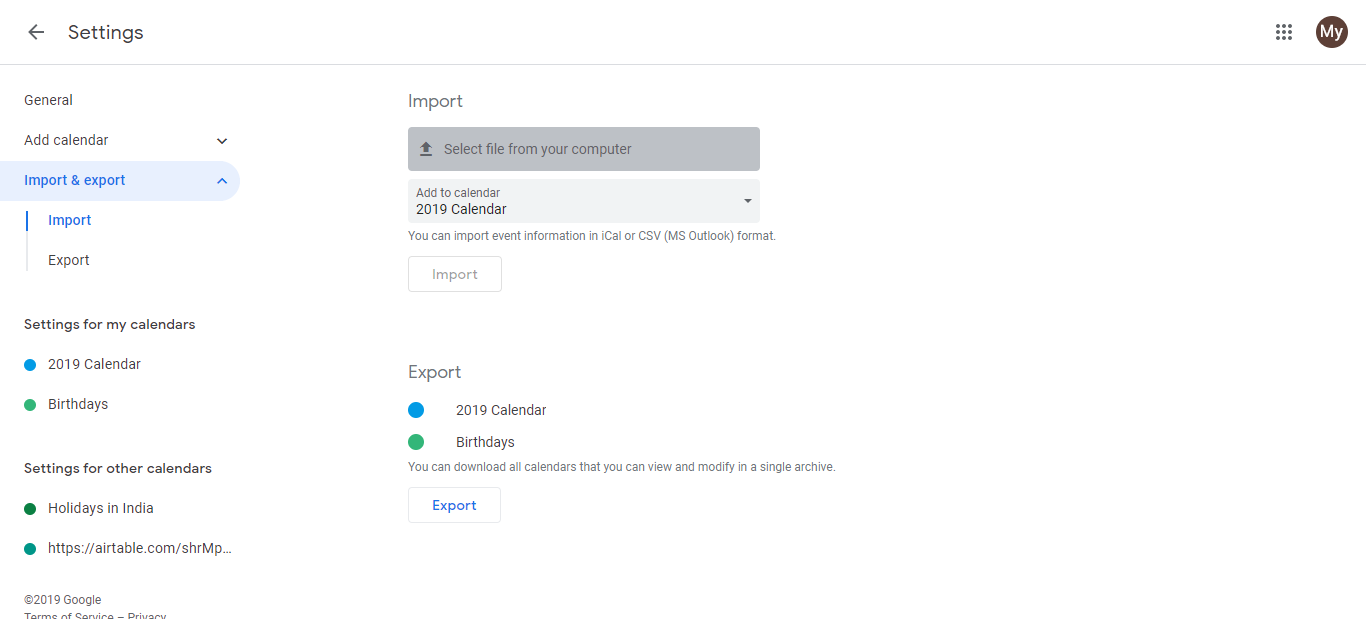 Import and export option in Settings left sidebar menu with import file section highlighted