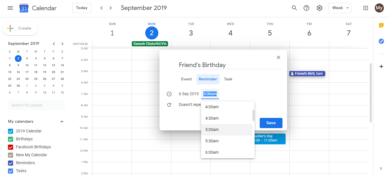 Birthday notification configuration dialog showing reminder timing and signal type selection options