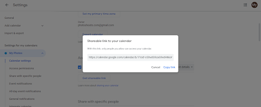 Sharing settings dialog showing option to share calendar with specific person and set Make changes to events permission