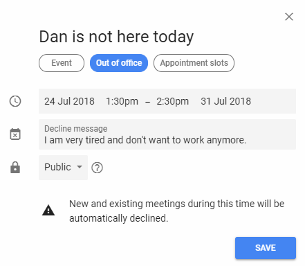 Out of Office event creation dialog showing date range, message fields, and save button