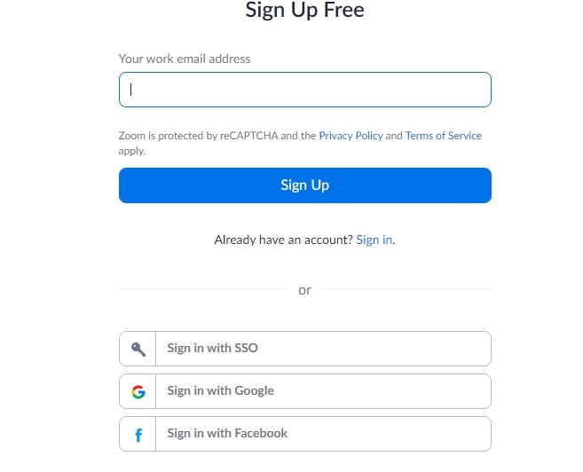 sign in options on zoom web portal