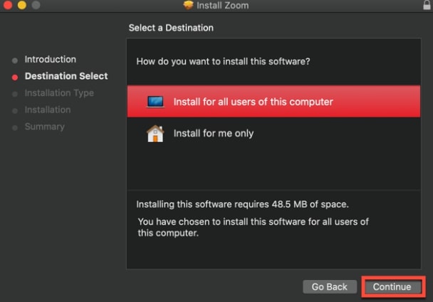 selecting destination for installing zoom on macOS