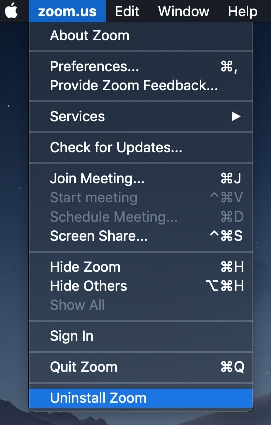 navigating to zoom.us to uninstall zoom from macOS version 4.4.53932.0709 and above